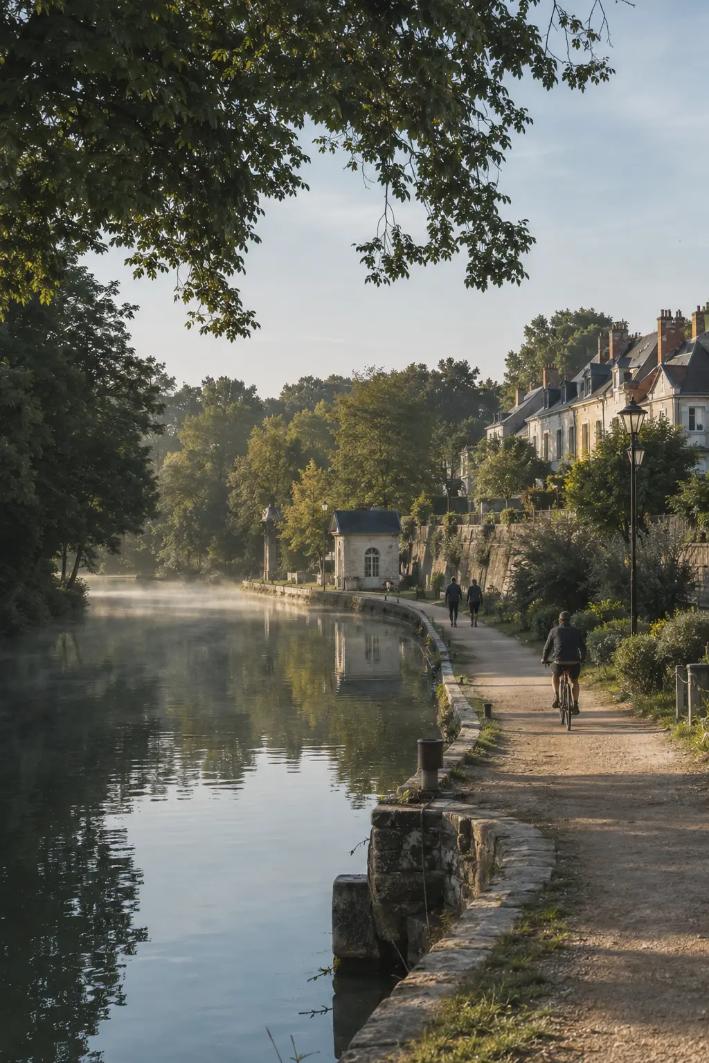 Promeneurs et cycliste sur le chemin des écluses de Riveclaire