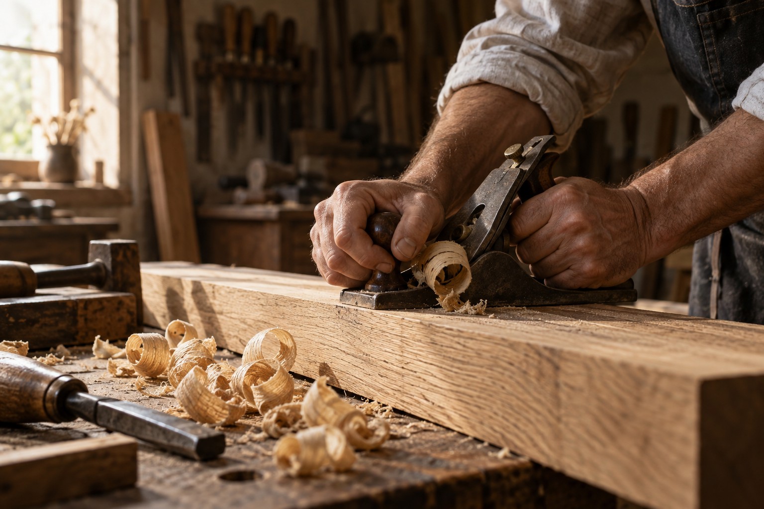 Copeaux de chêne et geste artisanal à l’établi