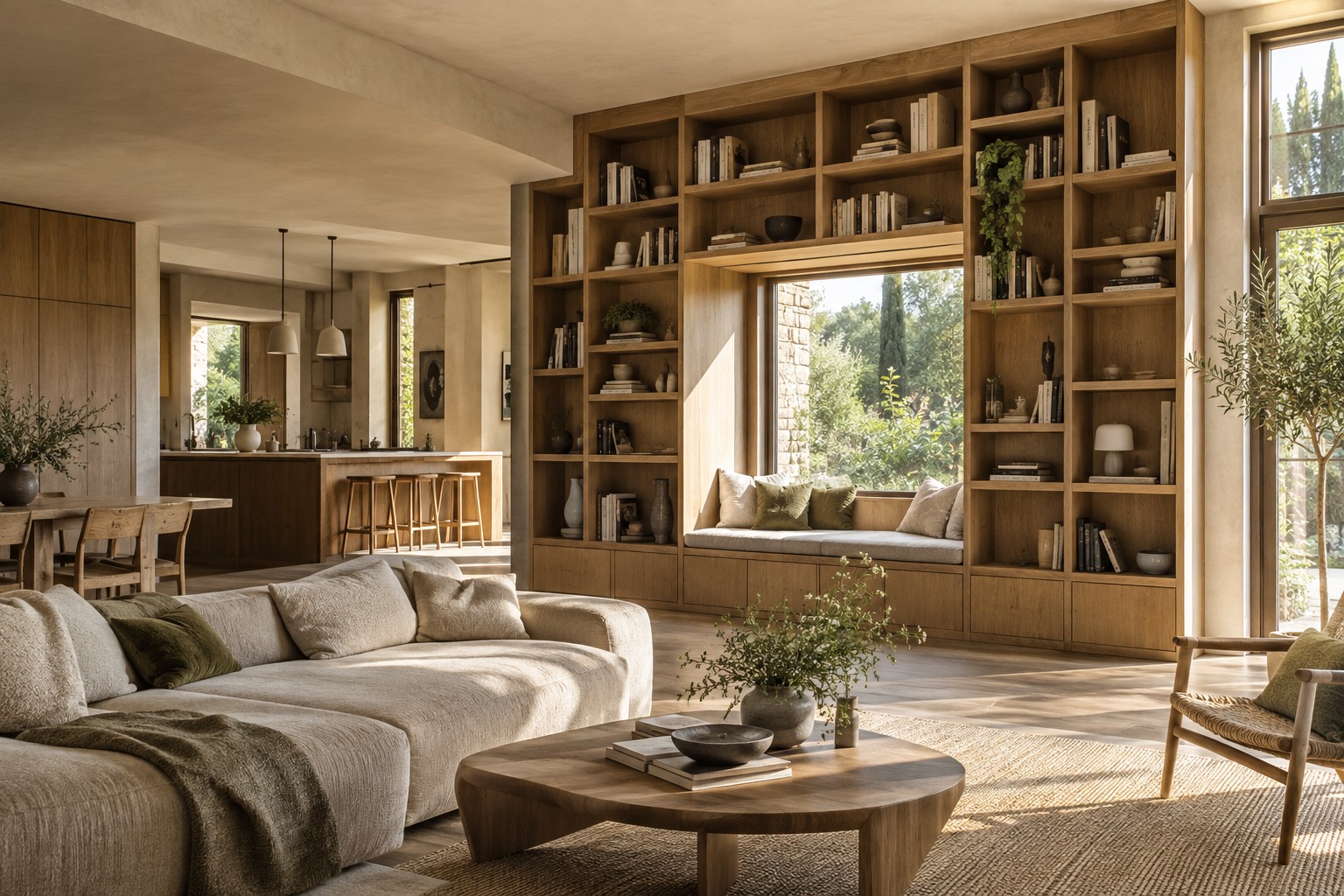 Bibliothèque en chêne et banquette intégrée dans un intérieur lumineux