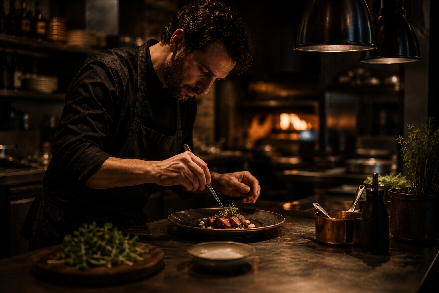 Chef de Maison 17 dressant une assiette en cuisine