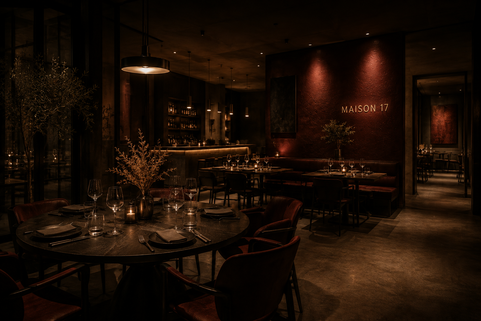 Salle du restaurant Maison 17 de nuit